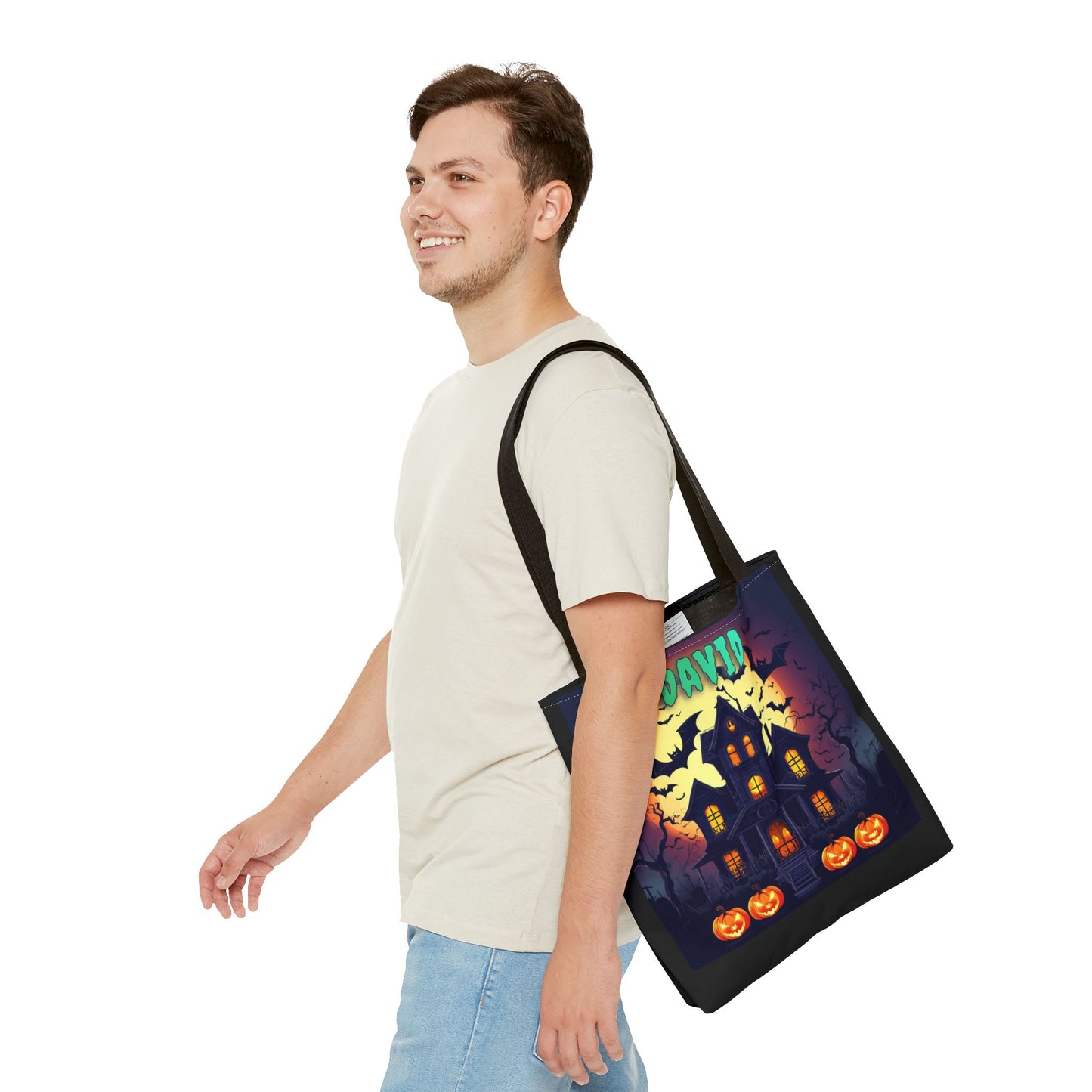 Customizable Name Halloween Haunted House Tote Bag Trick or Treat Bag. 3 size choices