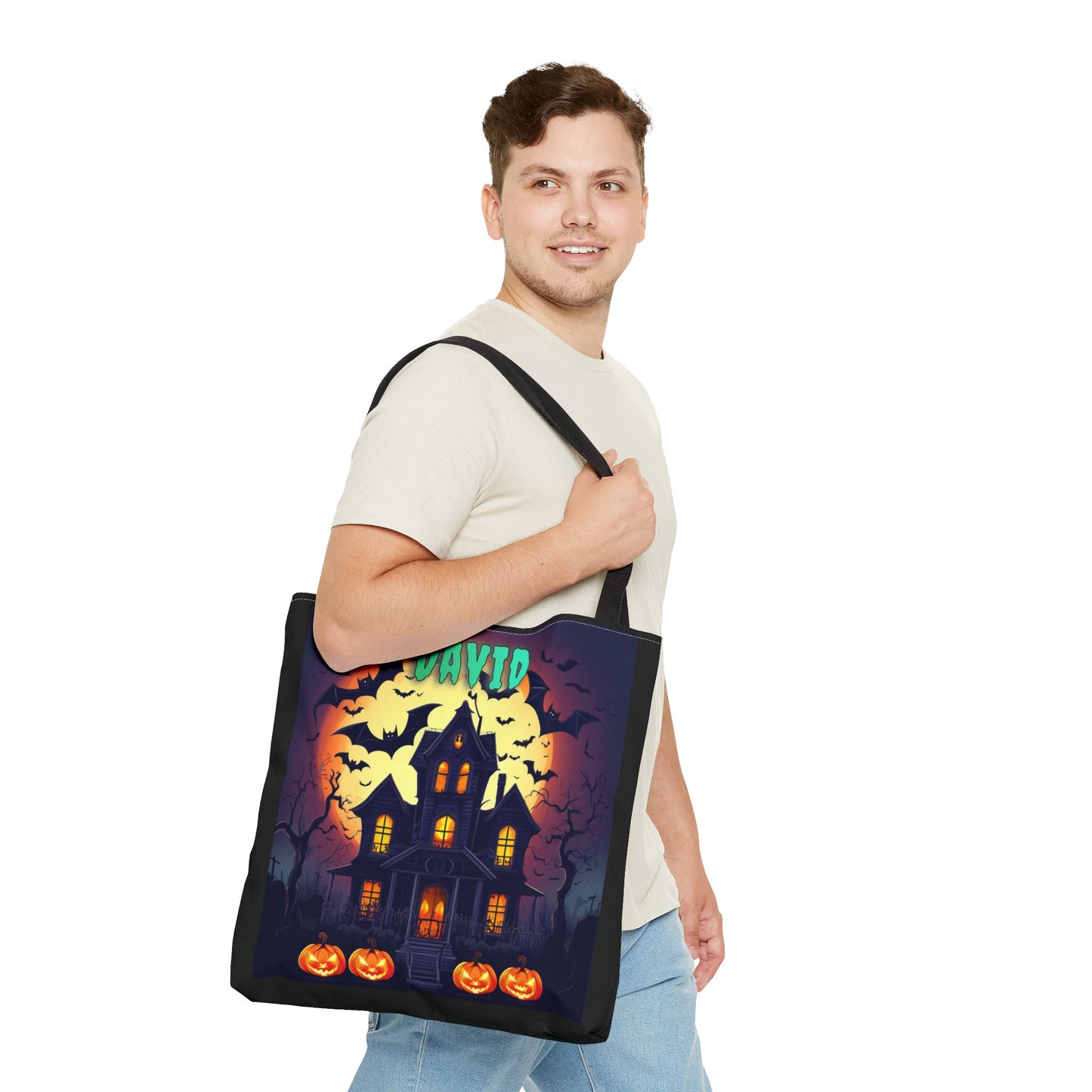 Customizable Name Halloween Haunted House Tote Bag Trick or Treat Bag. 3 size choices