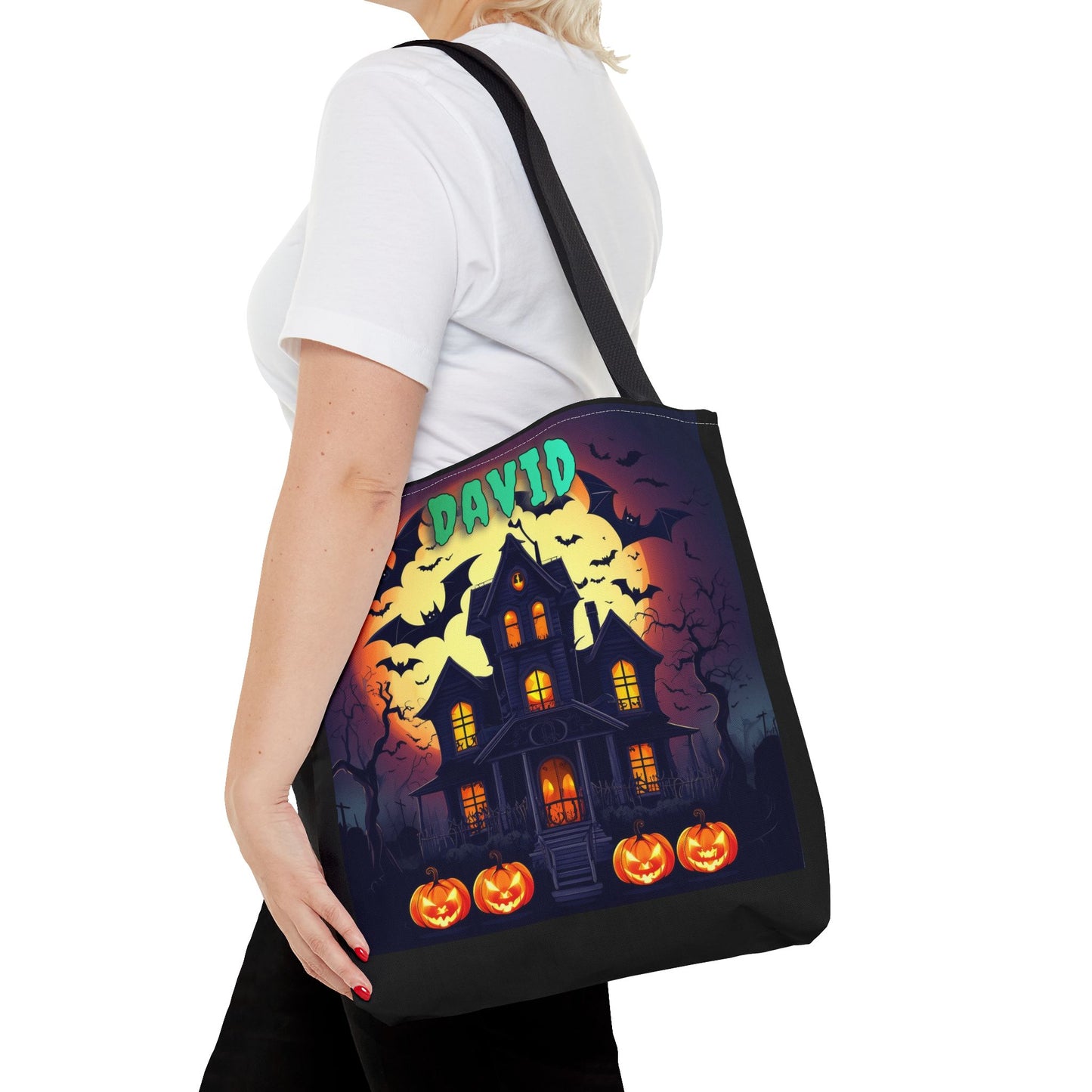 Customizable Name Halloween Haunted House Tote Bag Trick or Treat Bag. 3 size choices