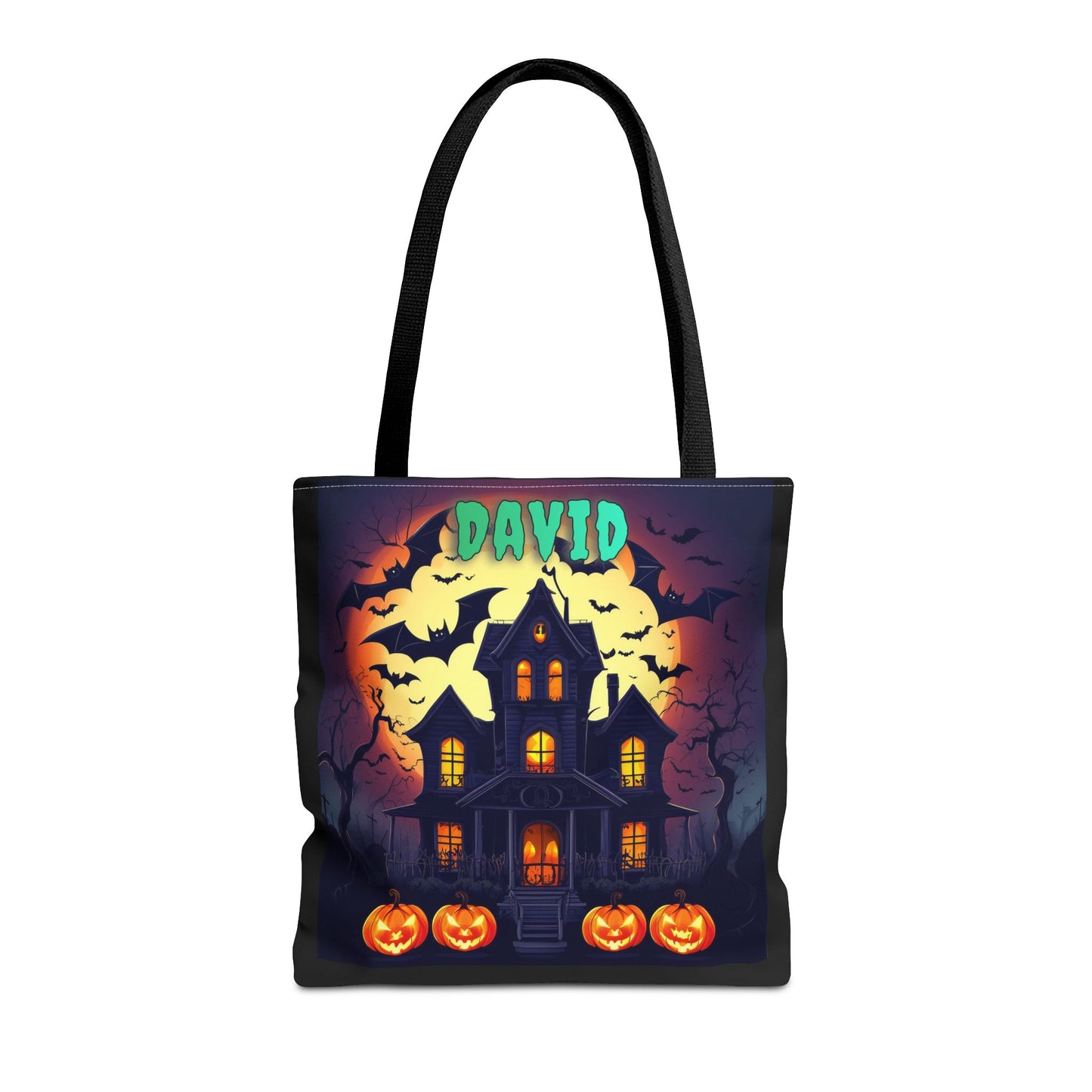 Customizable Name Halloween Haunted House Tote Bag Trick or Treat Bag. 3 size choices