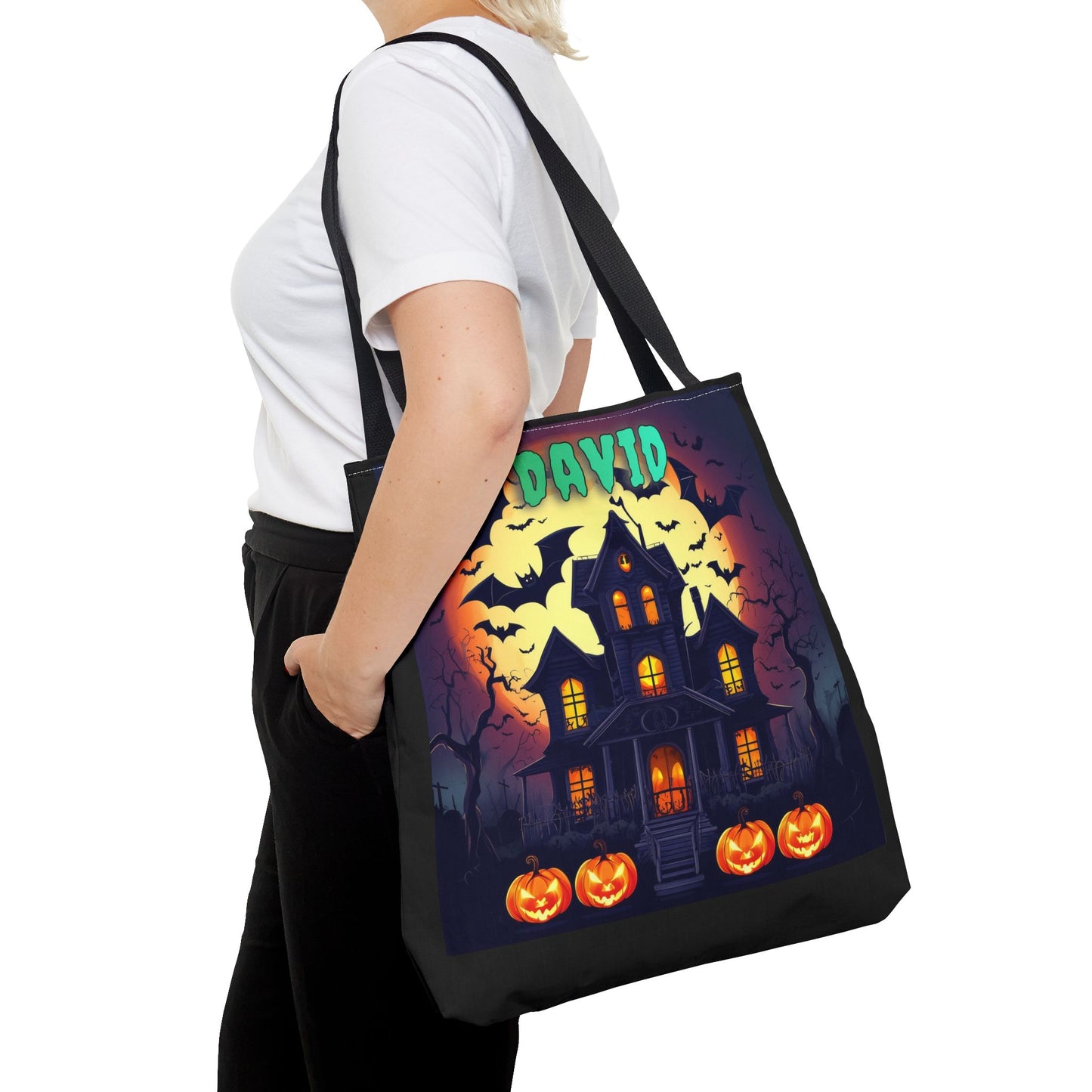 Customizable Name Halloween Haunted House Tote Bag Trick or Treat Bag. 3 size choices
