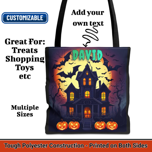 Customizable Name Halloween Haunted House Tote Bag Trick or Treat Bag. 3 size choices