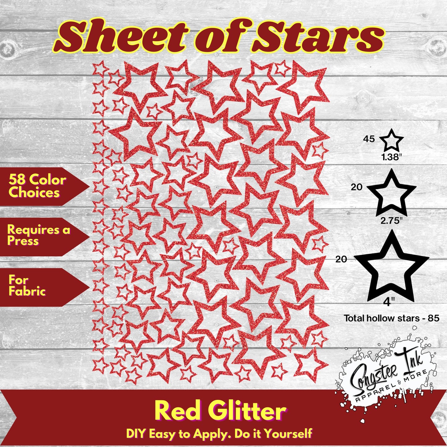 85 Glitter Hollow Stars 3 sizes - 58 Color Choices