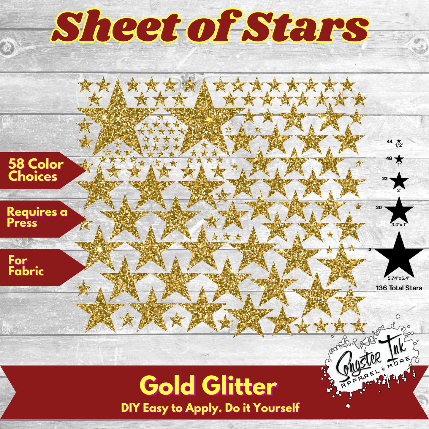 136 Glitter Solid Stars 5 sizes Precut design ready to apply
