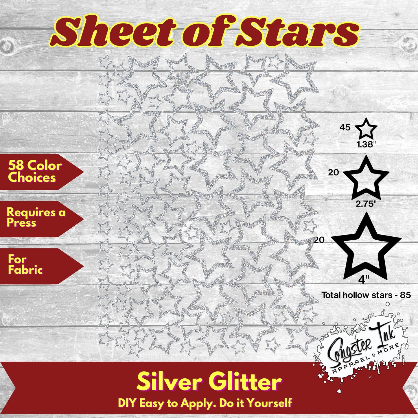 85 Glitter Hollow Stars 3 sizes - 58 Color Choices