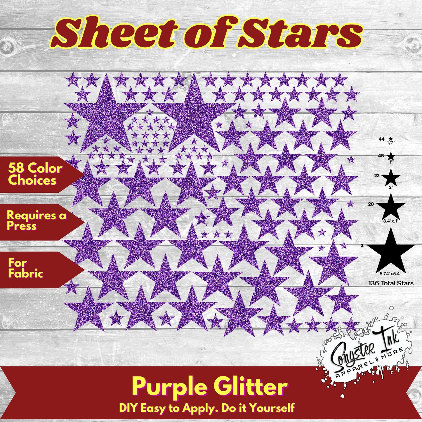 136 Glitter Solid Stars 5 sizes Precut design ready to apply