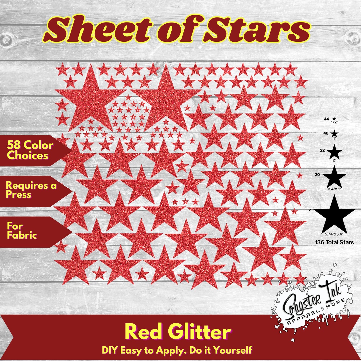 136 Glitter Solid Stars 5 sizes Precut design ready to apply