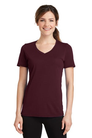 Ladies Performance Blend V-Neck Tee. MAROON LPC381V
