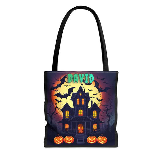 Customizable Name Halloween Haunted House Tote Bag Trick or Treat Bag. 3 size choices
