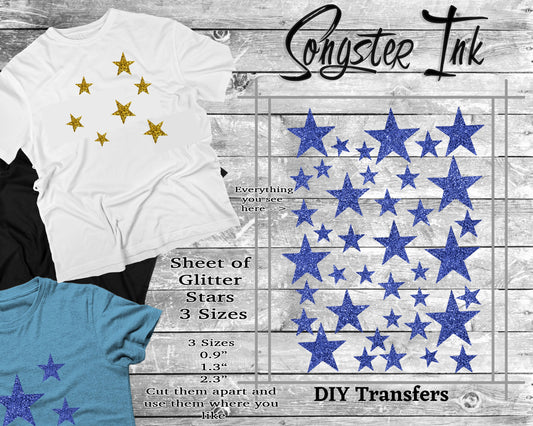 Sheet of Stars 3 sizes - Glitter!  Precut design ready to apply